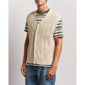 NN07 Sweater Mens Large Tan Button Up Sleeveless Crochet Knit Vest REECE $200